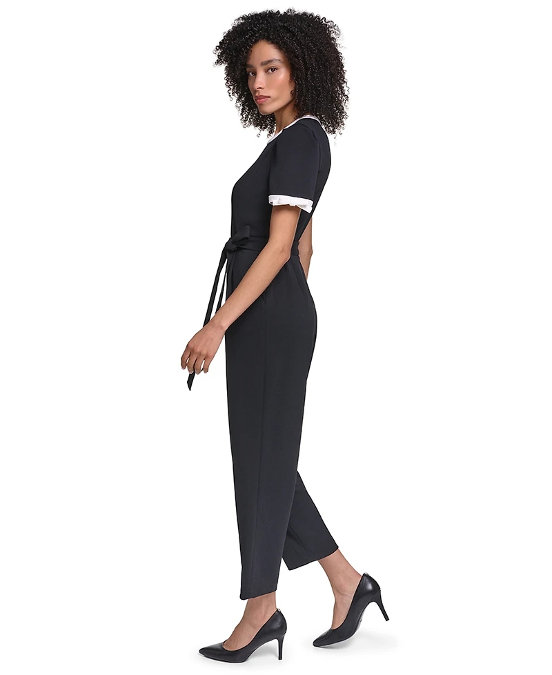 Karl Lagerfeld Paris Women's Scuba Crepe Jumpsuit Self Tie And Contrast Collar Sleeve Trim