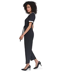 Karl Lagerfeld Paris Women's Scuba Crepe Jumpsuit Self Tie And Contrast Collar Sleeve Trim