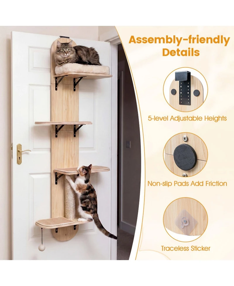 Hongge Door-Hanging Cat Climber 4-Level Adjustable Height with Plush Bed and Jute Post