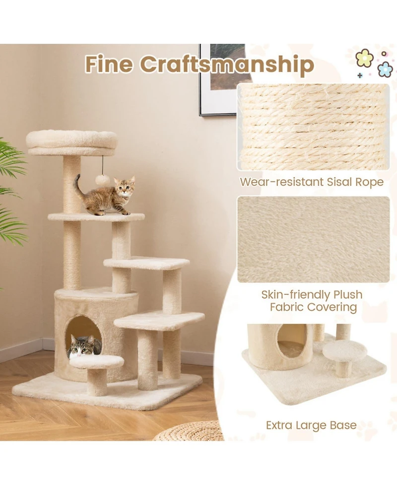 Hongge 40 Inch Multi-Level Cat Tower with Sisal Posts Hideaway Condo and Jingle Ball