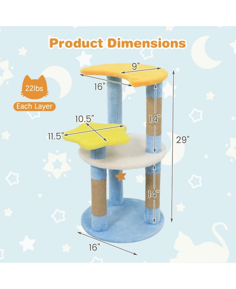 Hongge 29 Inch Modern Cat Tree with Star and Moon Platforms and Jute Scratching Posts