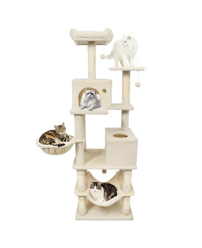 Hongge 66 Inch Cat Tree with 2 Condos Hammock Basket and Sisal Scratching Posts