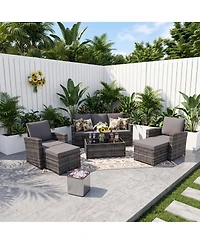 Asagikoiai 6-Piece Outdoor Wicker Sectional Patio Furniture Set with Sofa and Ottomans