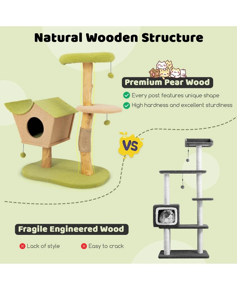 Hongge 43 Inch Wooden Cat Tree with Padded Top Perch Vented Condo and Jute Scratching Posts