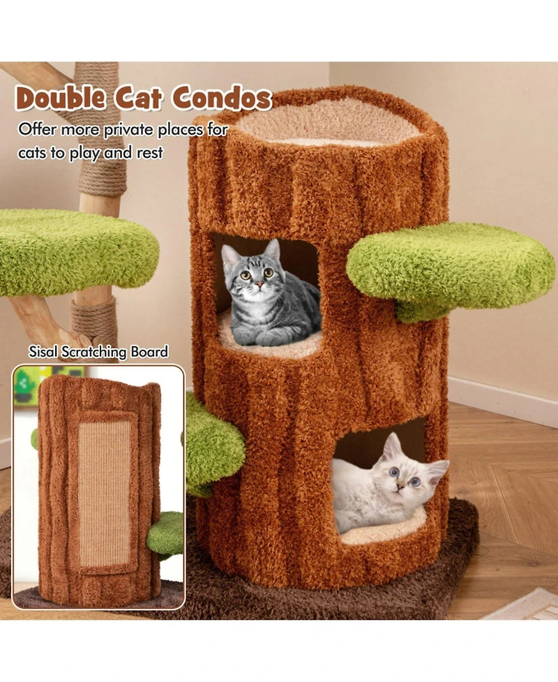 Hongge 55 Inch Multi-Level Cat Tree with Double-Decker Cat House Wide Perch and Sisal Panel