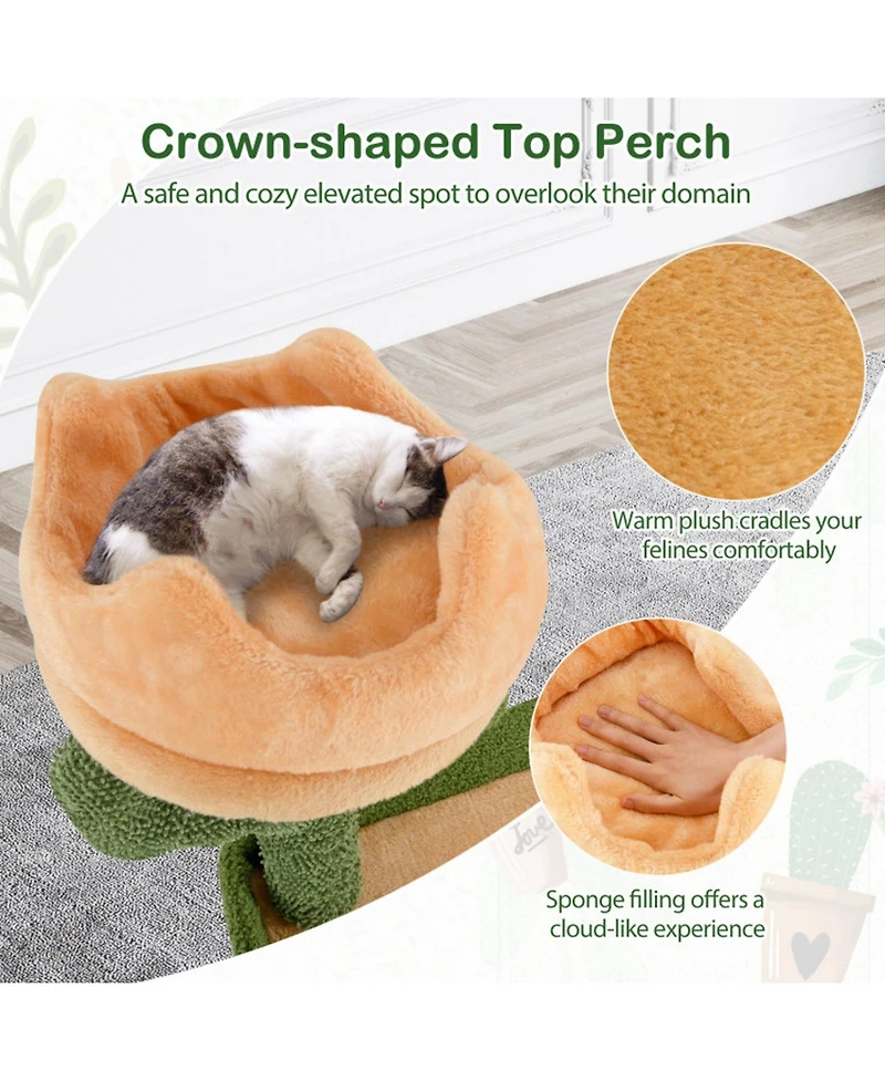 Hongge 63 Inch Cactus Cat Tree with Hideaway Condo Crown Perch and Sisal Scratching Posts