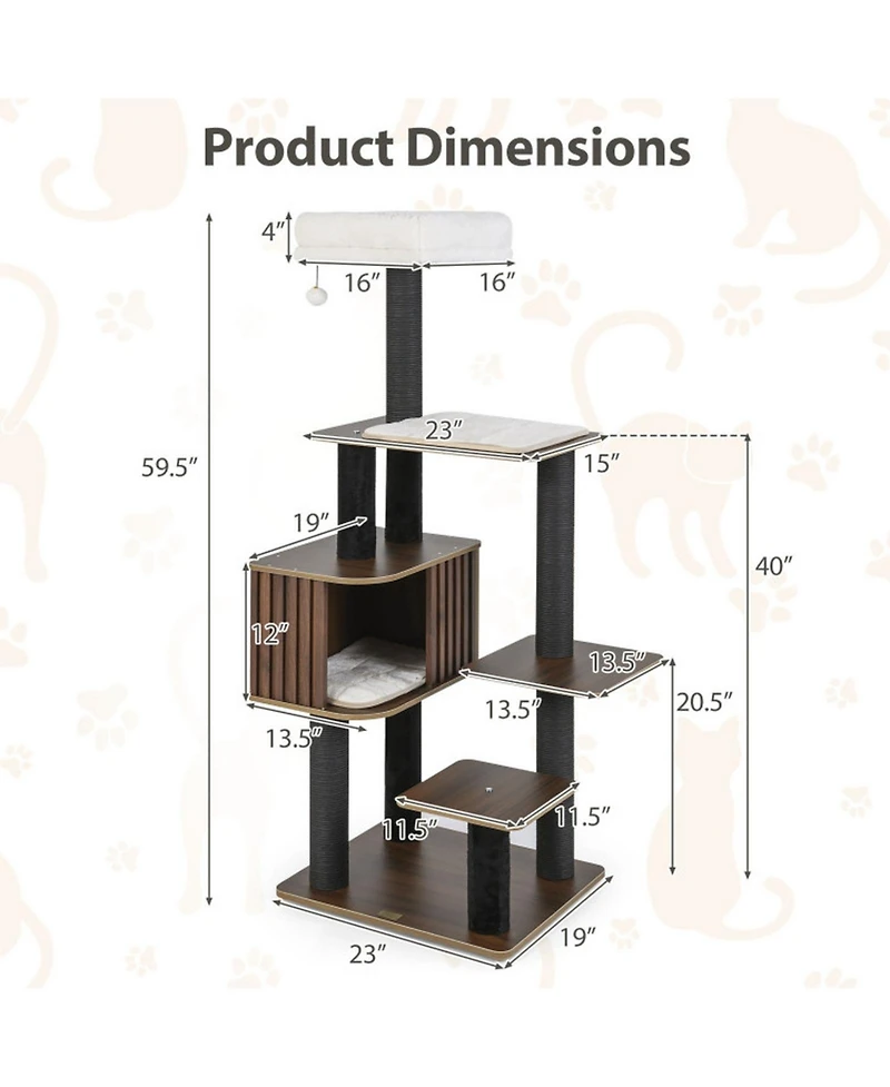 Hongge 59 Inch Multi-Level Cat Tree with Fence-Style Condo Cushioned Top Perch and Sisal Posts