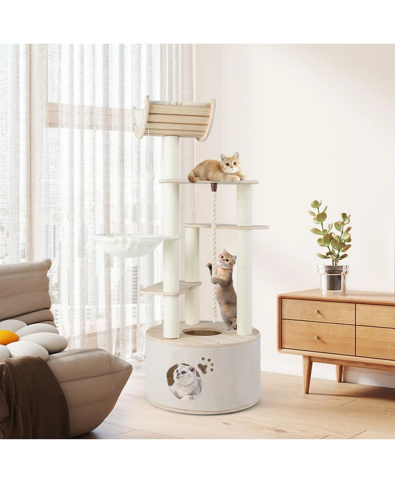 Hongge 55 Inch Wooden Cat Tree with Arched Perch Condo Cozy Basket and Hammock