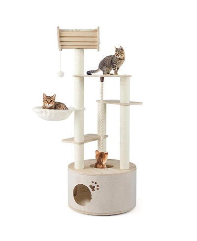 Hongge 55 Inch Wooden Cat Tree with Arched Perch Condo Cozy Basket and Hammock