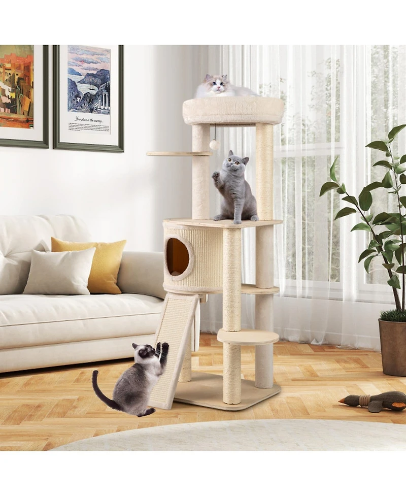 Hongge 56 Inch Cat Tree with Padded Condo Cushioned Perch and Sisal Scratching Posts