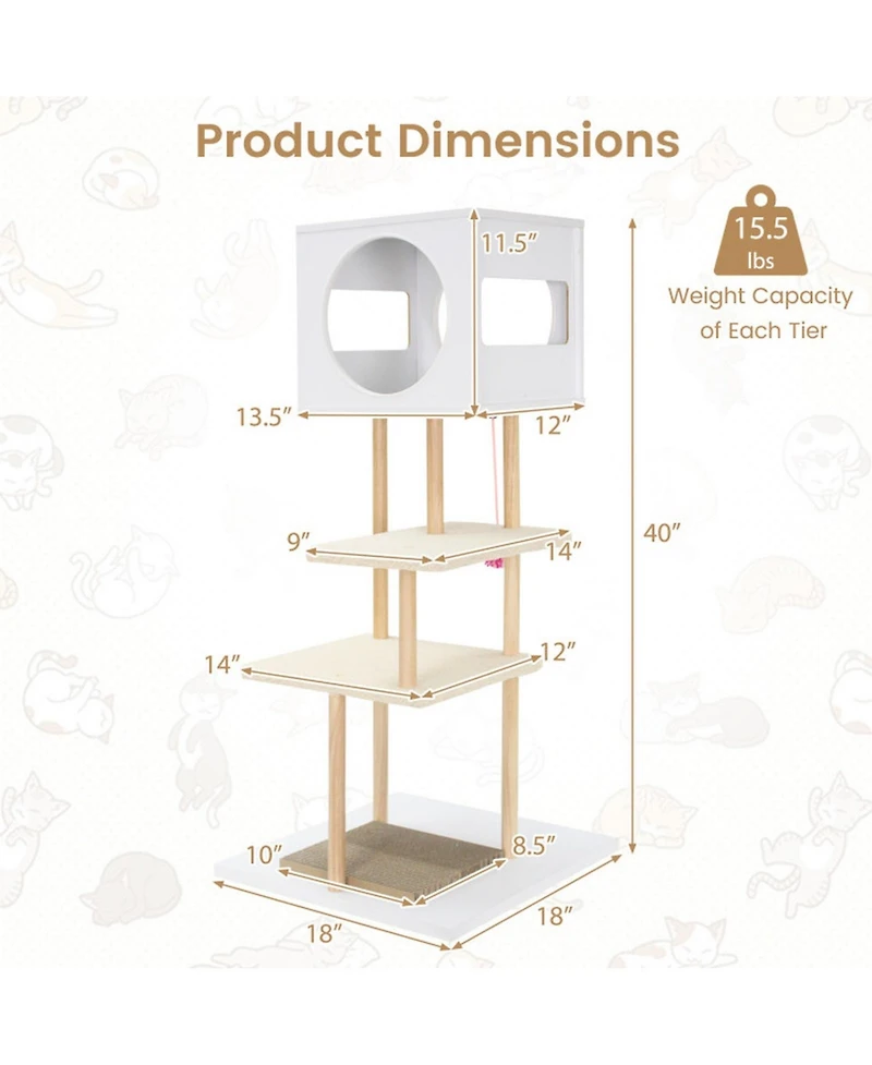 Hongge 40 Inch Wood Cat Tower with 2-Door Condo Corrugated Cardboard Scratchers and Fleece Perches