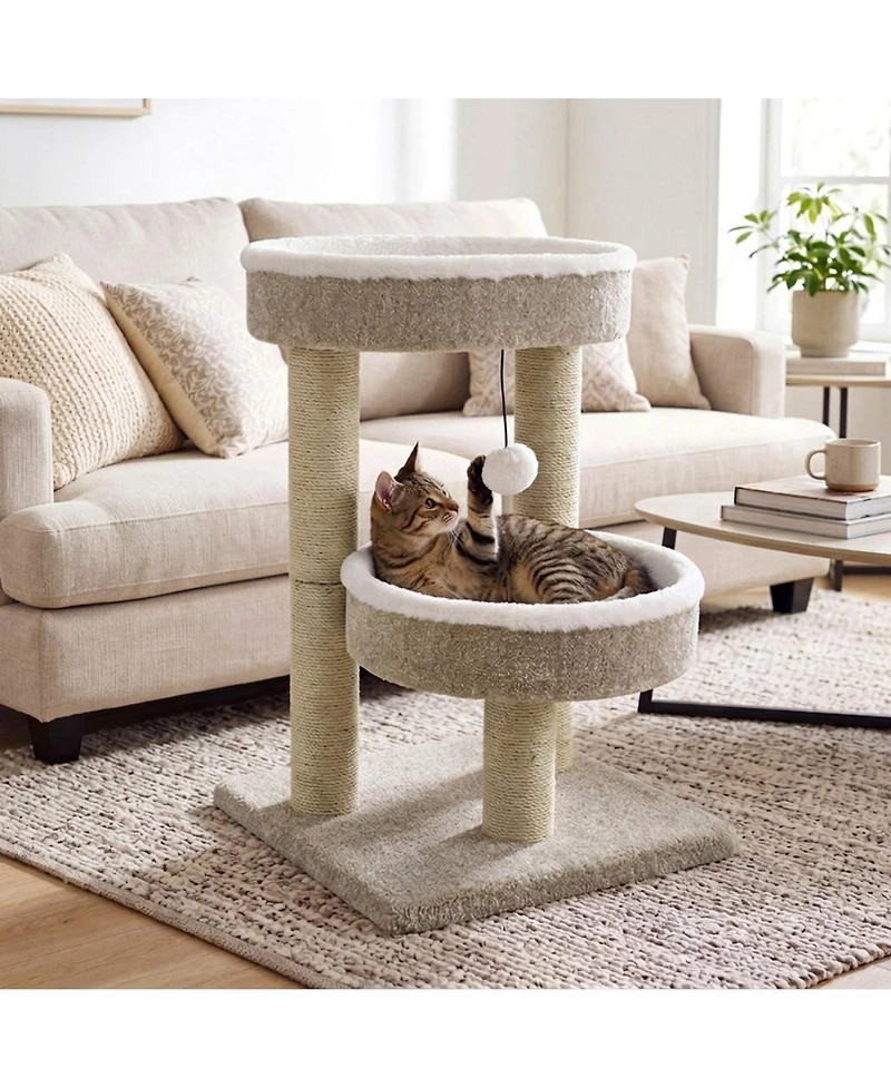 Hongge 24 Inch Cat Tower with 2 Plush Perches Jute Scratching Posts and Dangling Ball