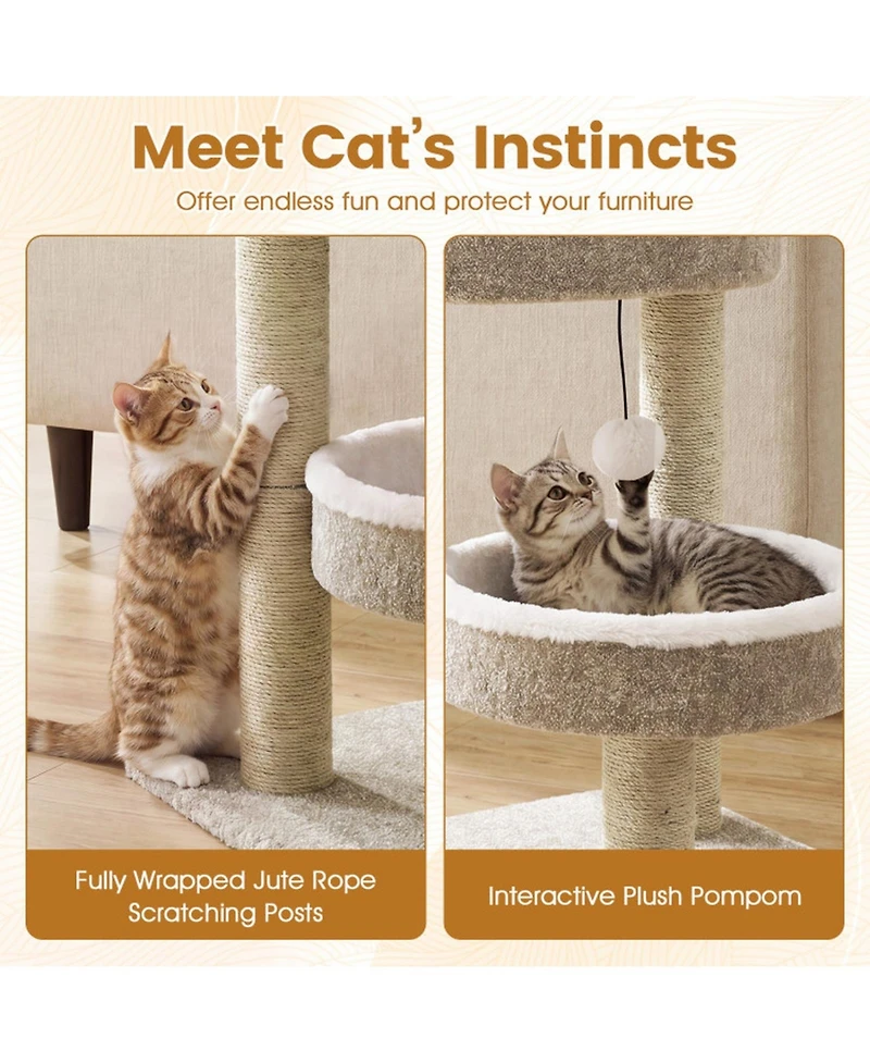 Hongge 24 Inch Cat Tower with 2 Plush Perches Jute Scratching Posts and Dangling Ball