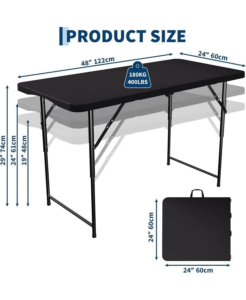 homfan 4ft Folding Table – Hdpe Portable Table with Carrying Handle, 3 Adjustable Heights, 400 Lb Capacity for Camping or Party
