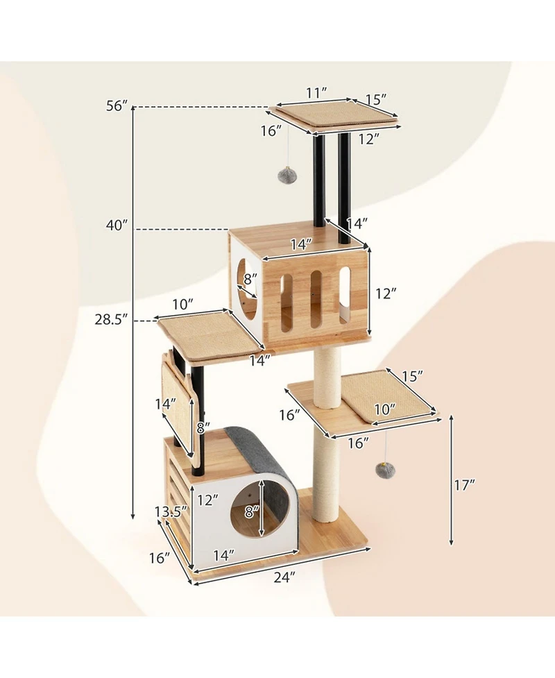 Hongge 56 Inch Modern Cat Tower with Double Condos Sisal Posts and Removable Carpets