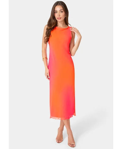 Bebe Women's Smudge Chiffon Gradient-Pattern Racer Neck Wedding Guest Maxi Dress