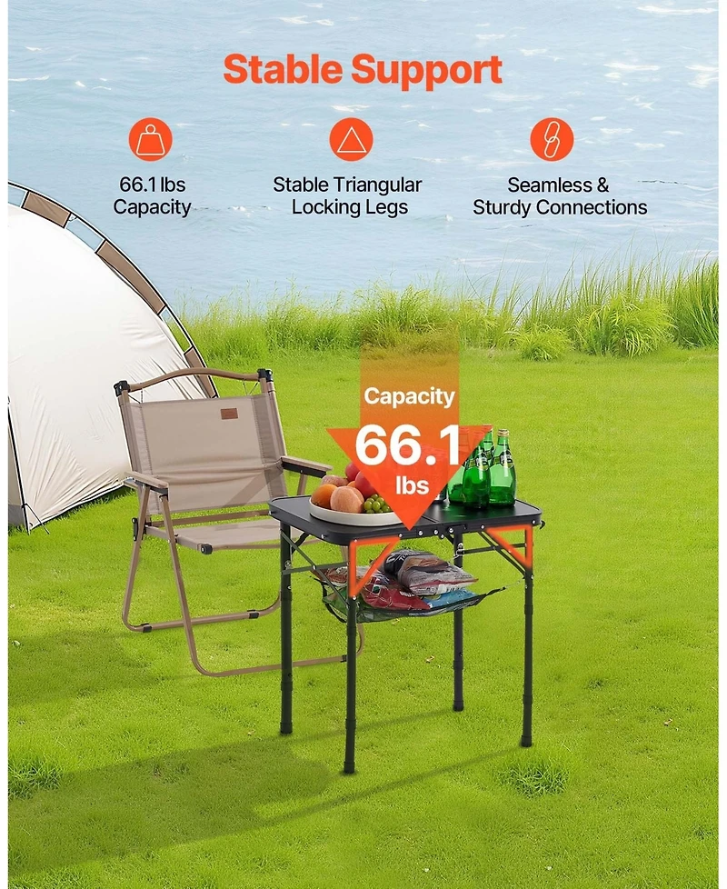 Sevorley Adjustable Height Folding Camping Table with Mesh Layer and Carry Handle