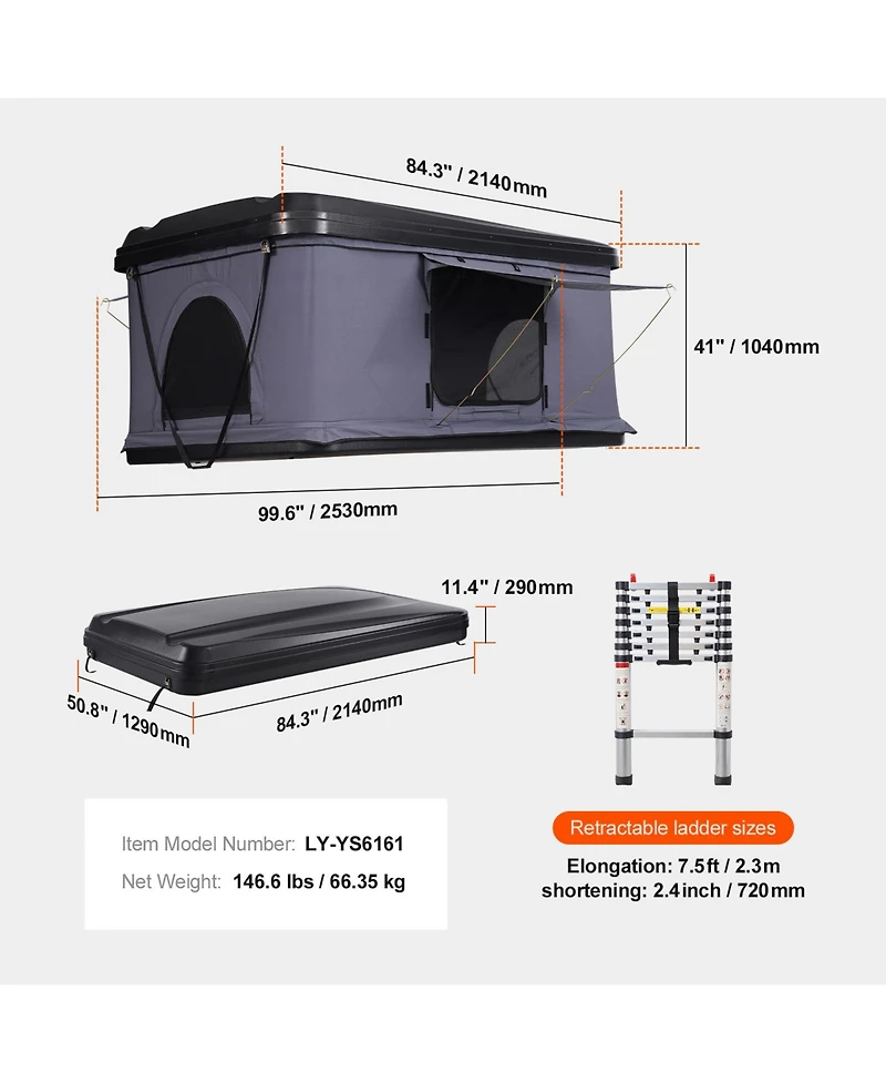 Sevorley Hard Shell Rooftop Tent for 2-3 Person with Telescopic Ladder and Thick Mattress
