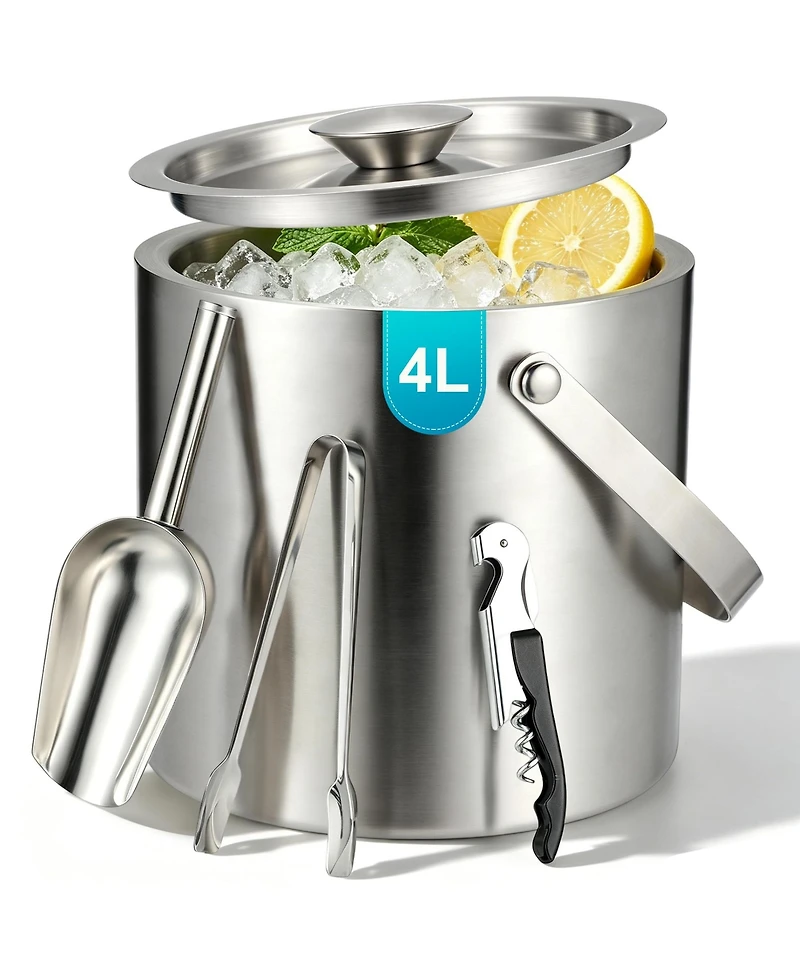 Piscifun Double Wall Stainless Steel Ice Bucket Set With Lid Scoop Tongs Bottle Opener