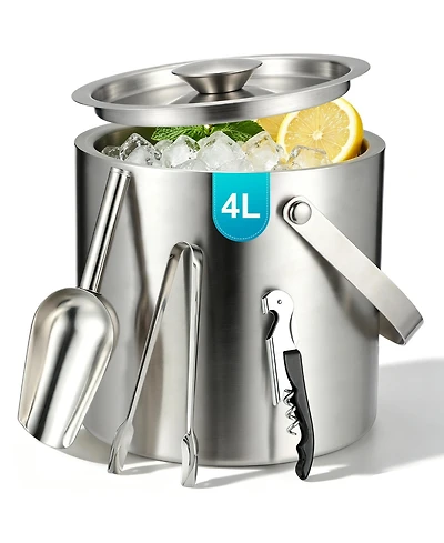 Piscifun Double Wall Stainless Steel Ice Bucket Set With Lid Scoop Tongs Bottle Opener