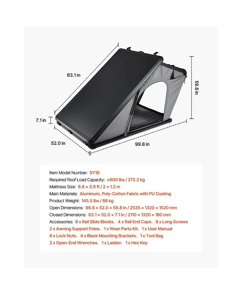 Sevorley Aluminum Hard Shell Rooftop Tent for 2-3 Person with Led Light, Window and Mattress