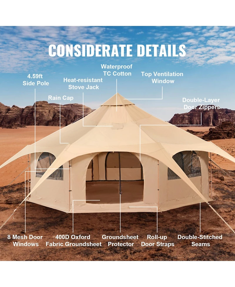 Sevorley Bell Tent 16.4 ft with Stove Jack, 4-Season Canvas Yurt Tent for 8 People Camping