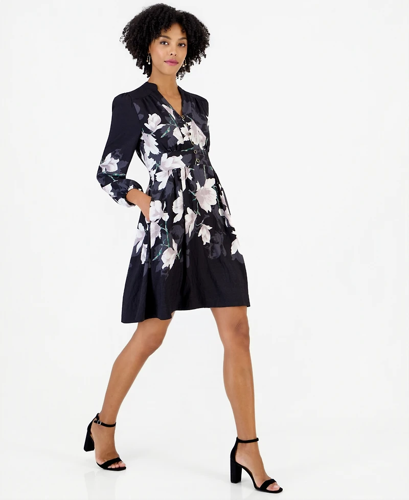 Tahari Asl Women's Long-Sleeve V-Neck Floral-Print Shirt Dress