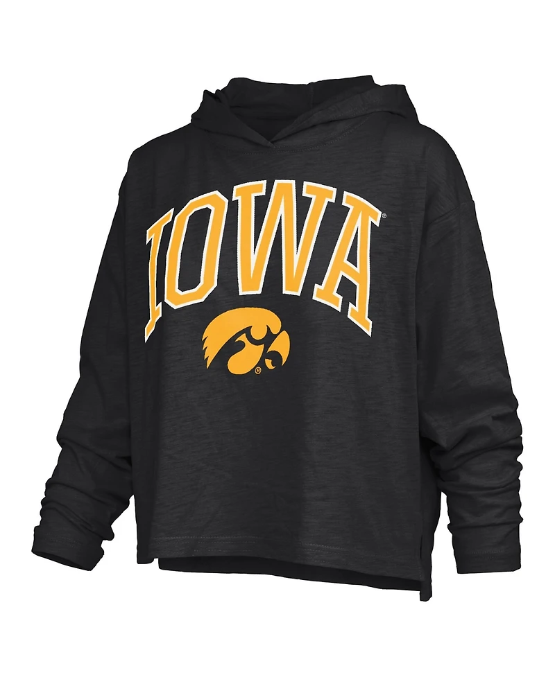Pressbox Women's Black Iowa Hawkeyes Nelson Arch Over Logo Long Sleeve Hooded Slub T-Shirt