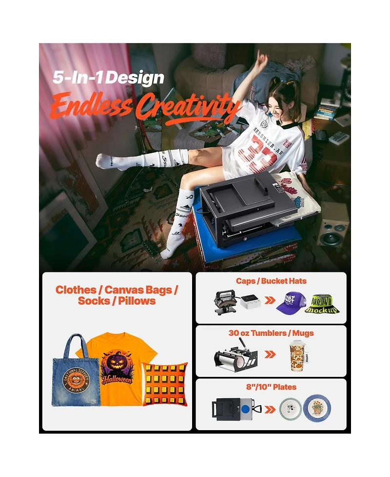 Sevorley 5-in-1 Hybrid Heat Press for Shirts, Mugs and Caps