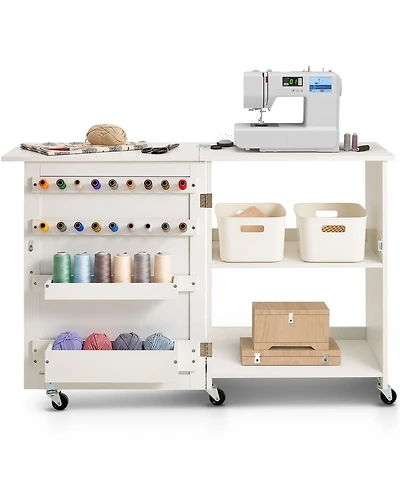 Sevorley Folding Sewing Machine Table with Storage Shelves, Wheels and Magnetic Doors