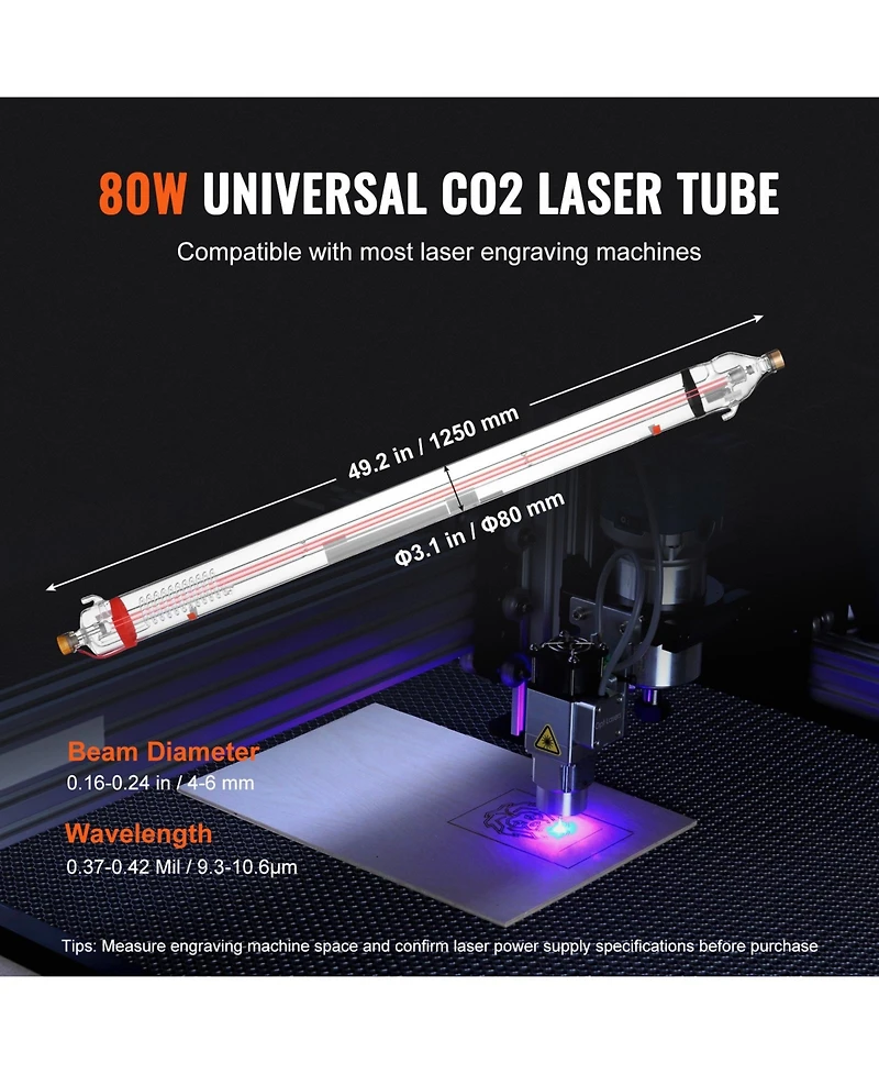 Sevorley 90W CO2 Laser Tube, Borosilicate Glass Cutter Tube with Metal Head