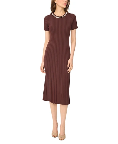 CeCe Women's Pearl Necklace Trim Crewneck Short-Sleeve Midi Sweater Dress