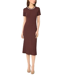 CeCe Women's Pearl Necklace Trim Crewneck Short-Sleeve Midi Sweater Dress