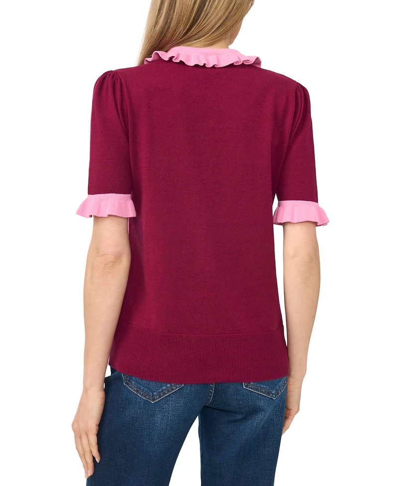 CeCe Women's Cotton Ruffle-Collar Short-Sleeve Top