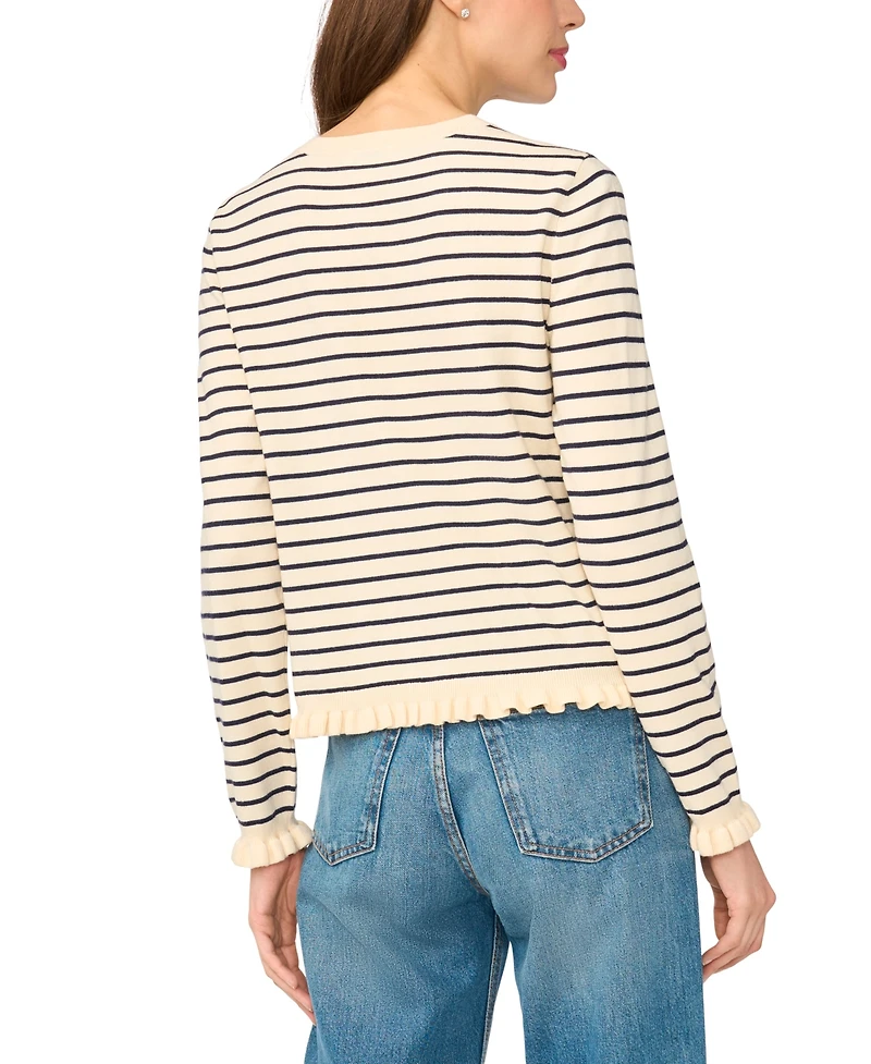 CeCe Women's Striped Ruffle-Trim Crewneck Long-Sleeve Cardigan Sweater