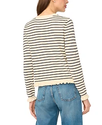 CeCe Women's Striped Ruffle-Trim Crewneck Long-Sleeve Cardigan Sweater