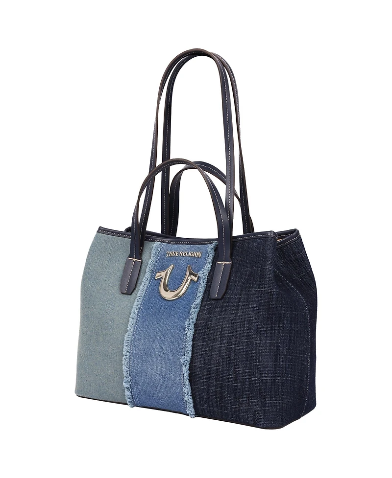 True Religion Frayed Denim Horseshoe Tote with Removable Wristlet