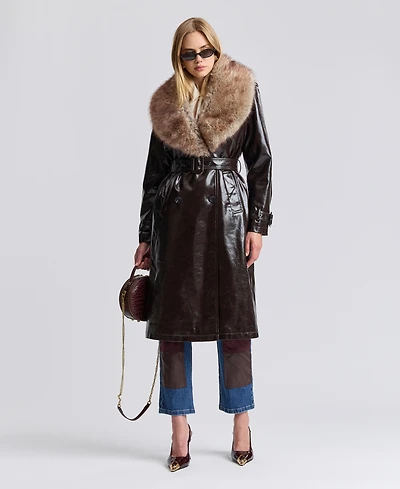 Avec Les Filles Women's Pleather Trench Coat with Fur Collar