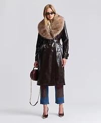 Avec Les Filles Women's Pleather Trench Coat with Fur Collar