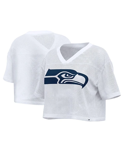 Fanatics Women's White Seattle Seahawks Oversized Mesh Cropped V-Neck Jersey