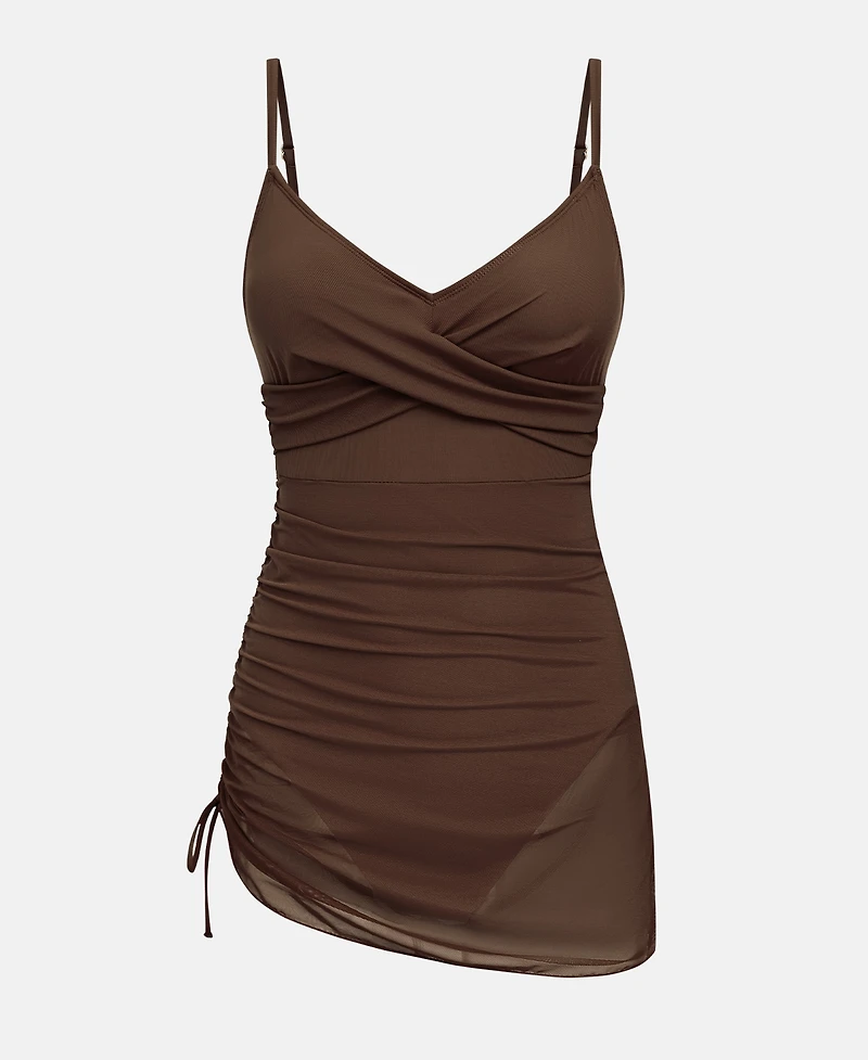 Cupshe Women's V-Neck Mesh Ruched Swim Dress