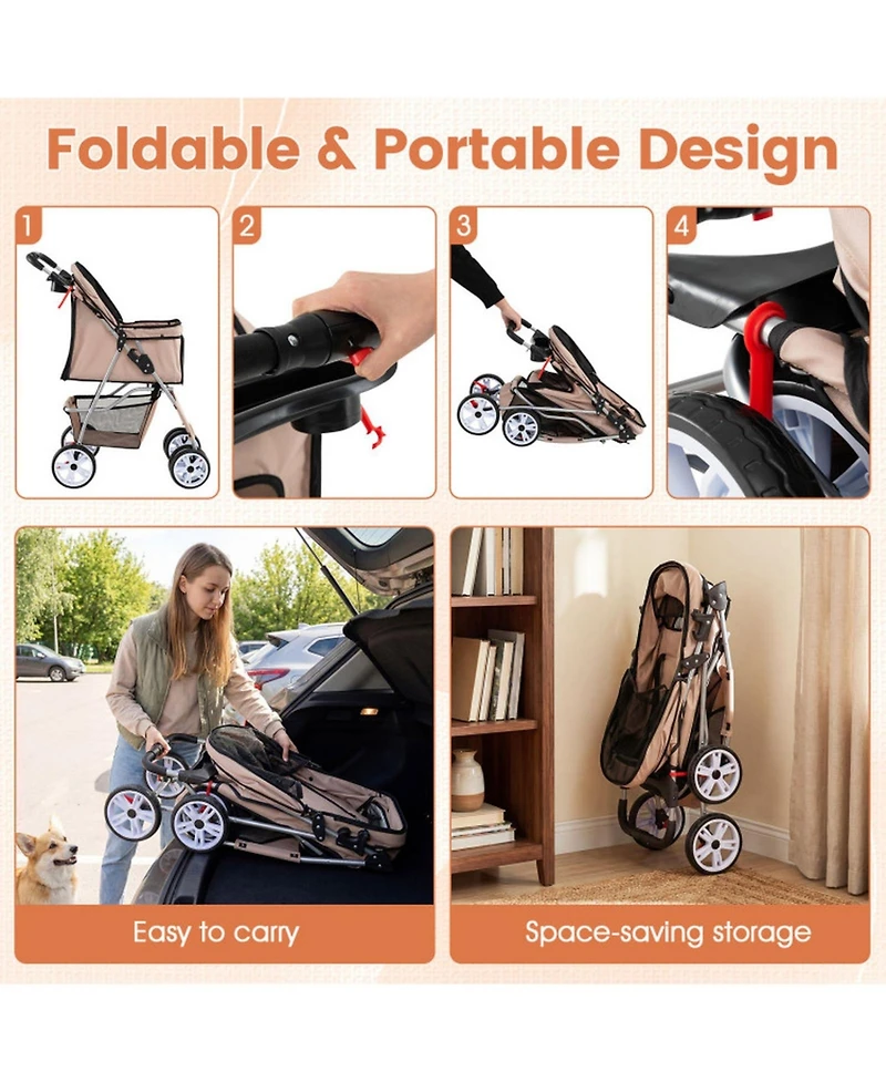 Hongge 4-Wheel Foldable Pet Stroller with Adjustable Canopy Storage Basket and Cup Holders