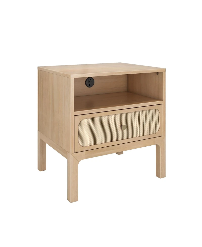 Max & Lily Elio/Rattan 1 Drawer with Cubby and Electrical Outlet Nightstand