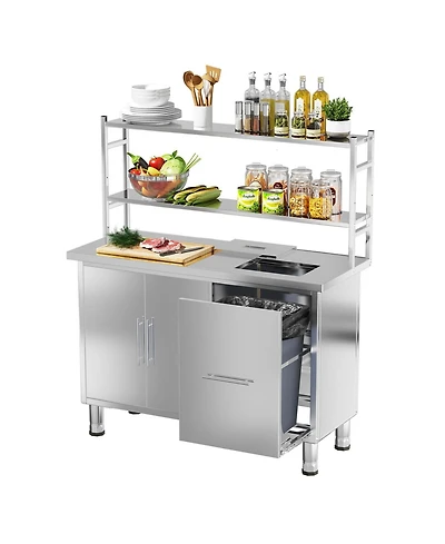 Aecojoy Stainless Steel Prep Table w Trash Bin Cabinet Commercial Worktable Adjustable Shelves