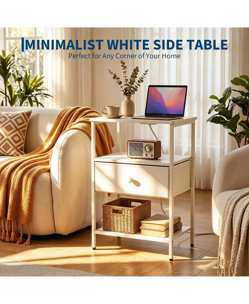homfan Bedside Table with Charging Station – 3-Tier Storage Nightstand, Fabric Drawer and Metal Frame Compact Narrow End Table for Bedroom Living Room