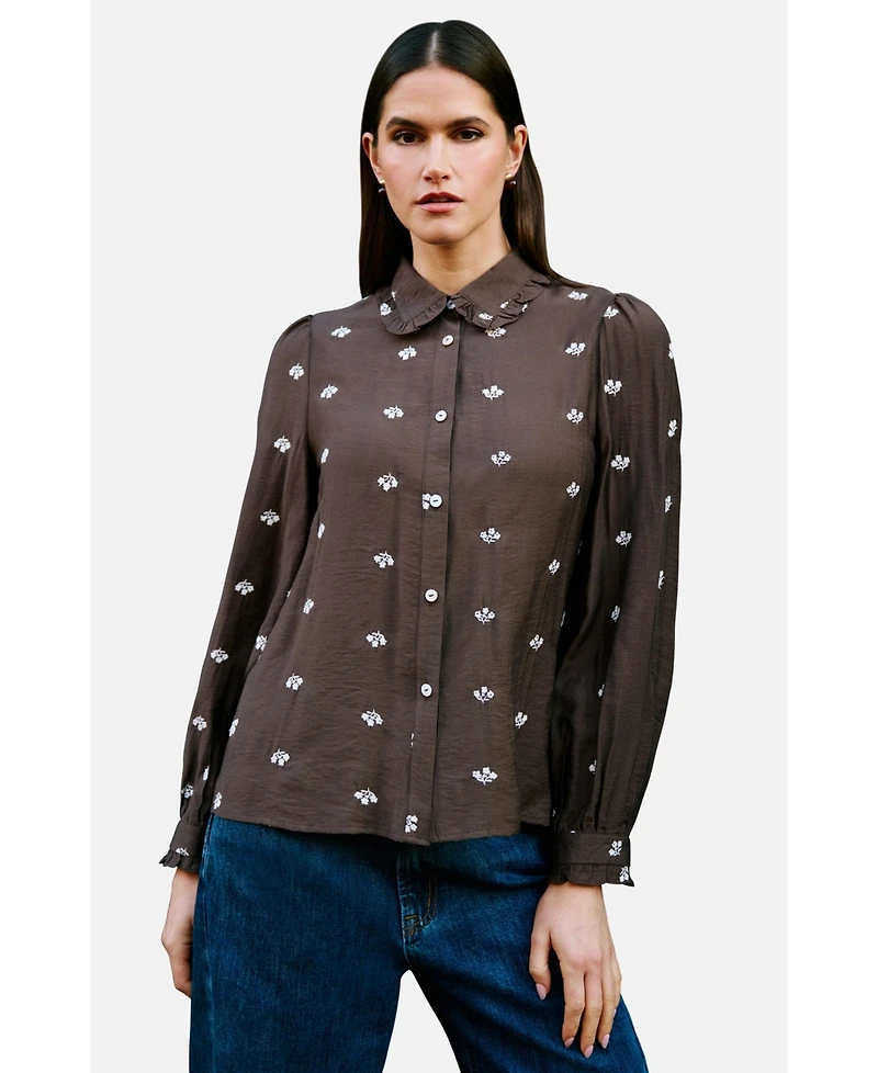 Yumi Women's Viscose Daisy Embroidered Shirt