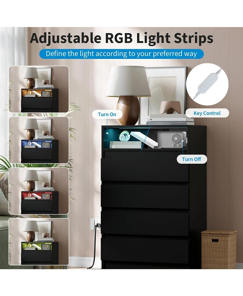 homfan Set of 2 Chest of Drawers With 4 Drawers, Modern Chest With Led Lighting and Usb Charging Station, Storage Cabinet For Living Room and Bedroom