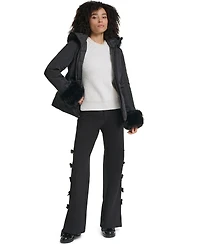 Karl Lagerfeld Paris Women's Faux-Fur Trim Cuff and Hood Belted Puffer Jacket