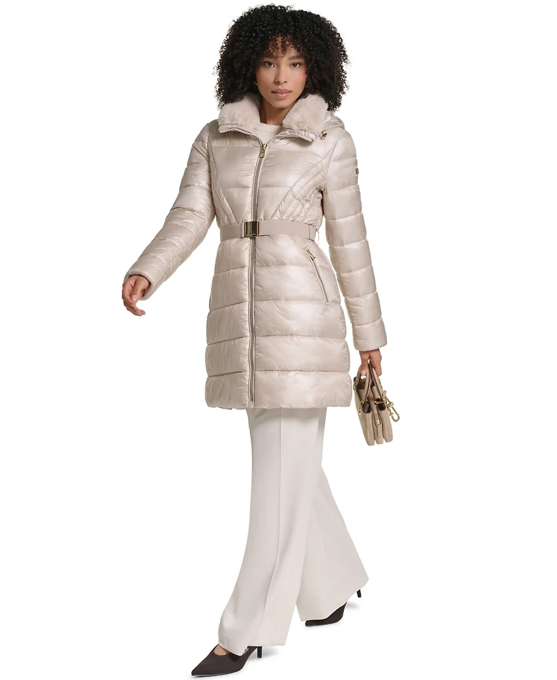 Karl Lagerfeld Paris Women's Belted Faux Fur Collar Hooded Puffer Coat