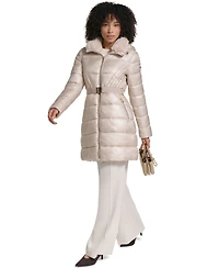 Karl Lagerfeld Paris Women's Belted Faux Fur Collar Hooded Puffer Coat